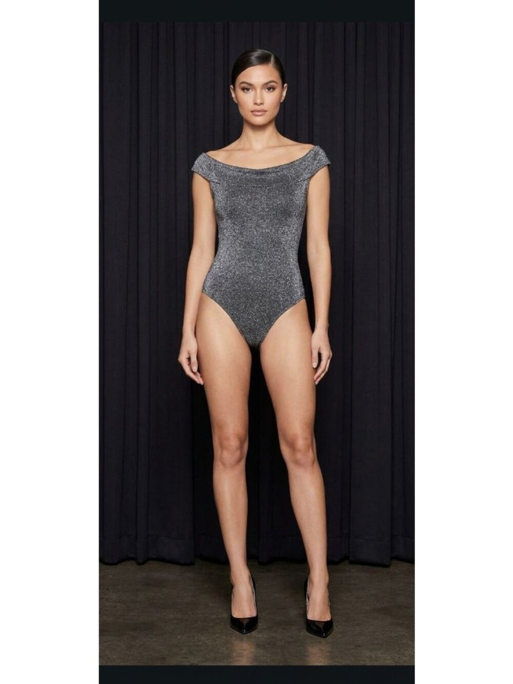 Forever 21 Glitter Off-The-Shoulder Bodysuit S Black Silver Stretchy Evening Wea